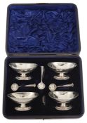 A cased set of four late Victorian silver pedestal salts, pair of pedestal salts, cased salt shells