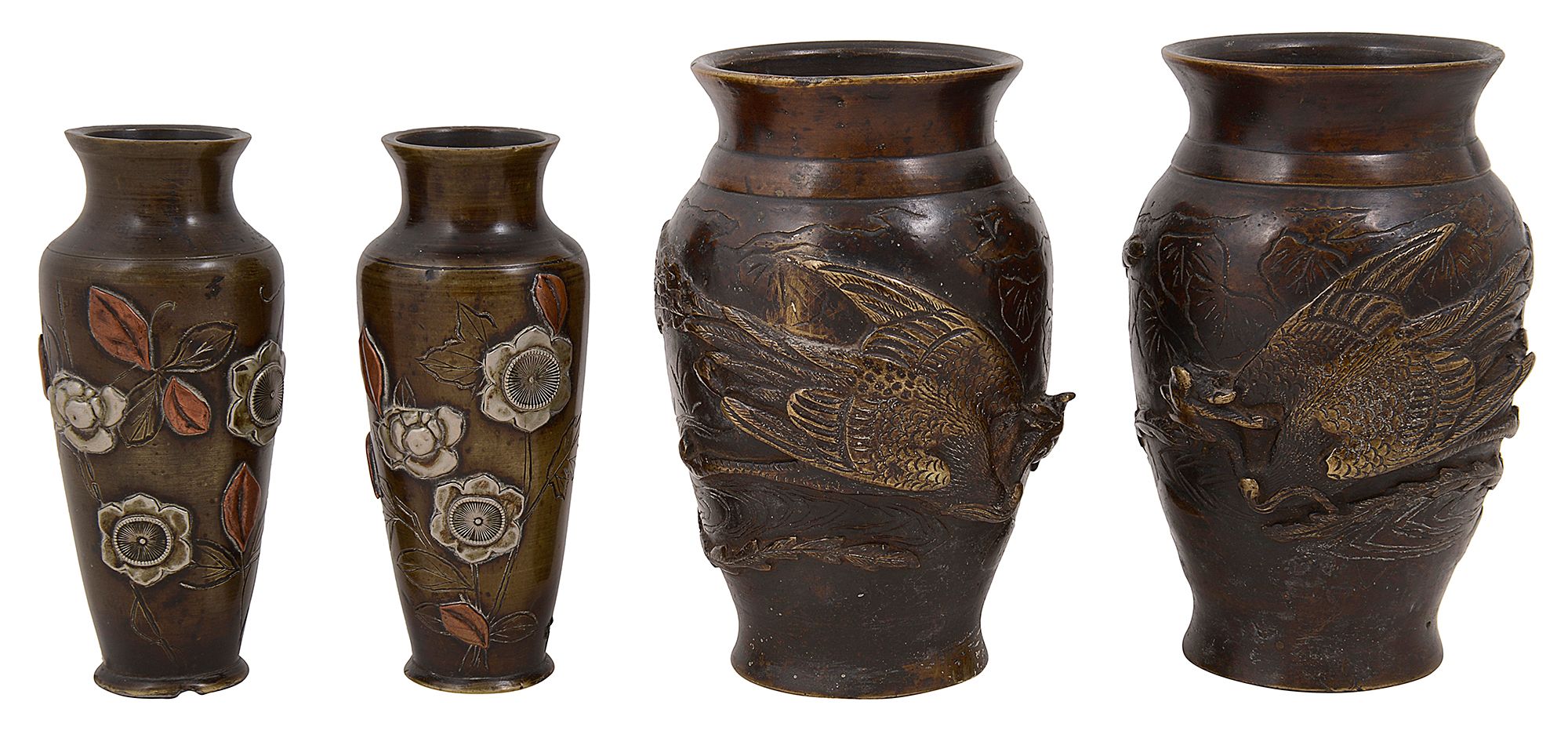 Two pairs of Japanese Meiji period patinated bronze vases