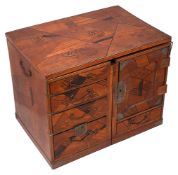 A Japanese Hakone marquetry table cabinet, converting to a miniature desk