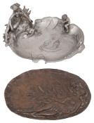 A bronze wall plaque and a WMF style dish, early 20th century
