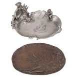 A bronze wall plaque and a WMF style dish, early 20th century