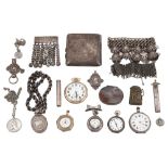 A George V silver cigarette case, open faced fob watches and other items