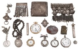 A George V silver cigarette case, open faced fob watches and other items