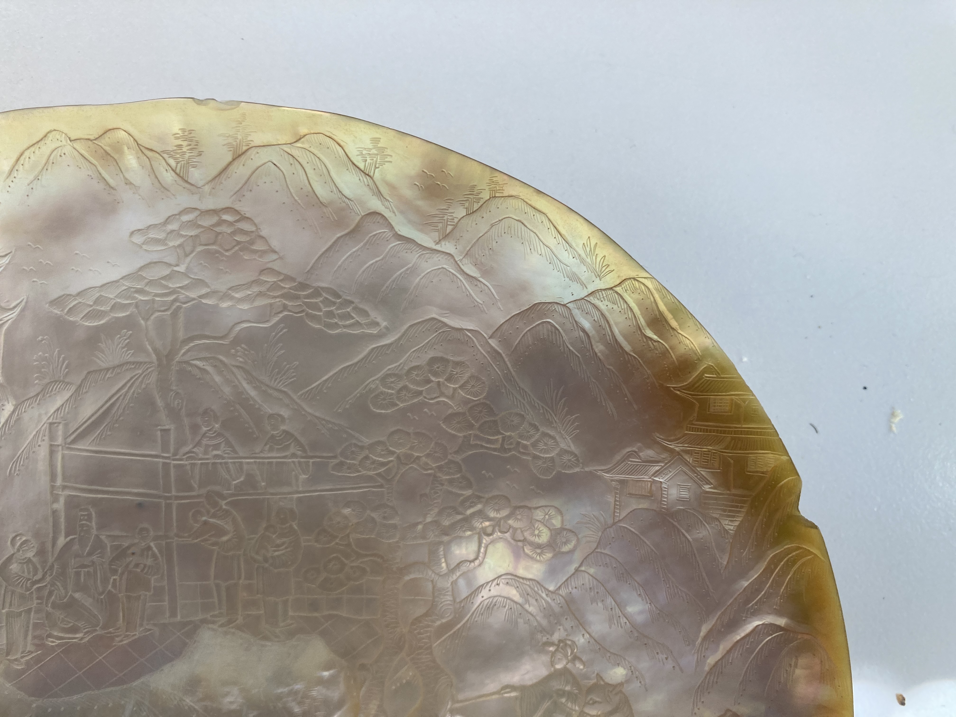 A late 19th century pair of Chinese Canton carved mother of pearl shells on hard wood stands - Image 2 of 4