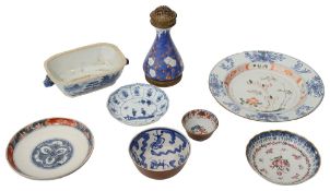 An 18th century Chinese export famille verte porcelain plate and other oriental ceramics