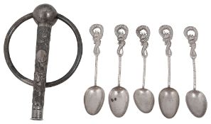 A late 19th century Chinese export silver parasol handle c.1900 and a set of four Chinese export .90