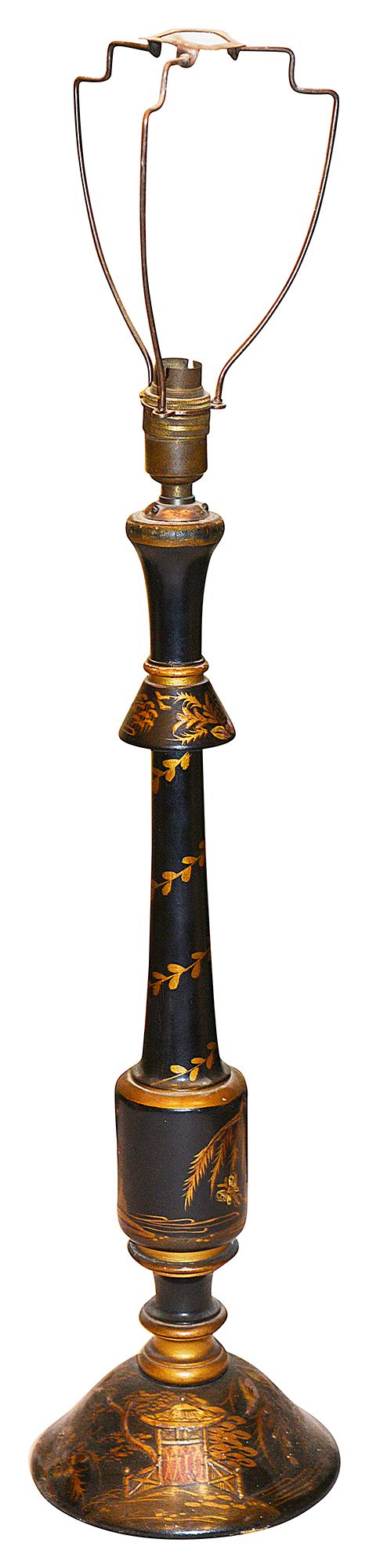 An early 20th century gilt and black lacquer chinoiserie turned table lamp