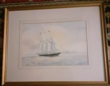 A ARGENT WATERCOLOUR- THE MALCOLM MILLER SAILING SHIP, FRAMED AND GLAZED, APPROXIMATELY 20cm x 36cm