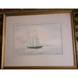 A ARGENT WATERCOLOUR- THE MALCOLM MILLER SAILING SHIP, FRAMED AND GLAZED, APPROXIMATELY 20cm x 36cm