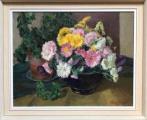 FELICITY BUSH- BOWLS OF ASTERS AND SUMMER FLOWERS, 1955, FRAMED OIL ON BOARD, APPROXIMATELY 39cm x