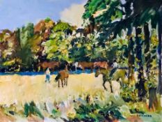 KEITH GARDNER RCA OIL ON BOARD- ROUNDING UP HORSES, ROYDEN PARK, WIRRAL, APPROXIMATELY 31cm x 41cm