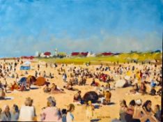 KEITH GARDNER OIL ON BOARD- WEST KIRBY BEACH IN SUMMER, 1997, APPROXIMATELY 23cm x 30.5cm