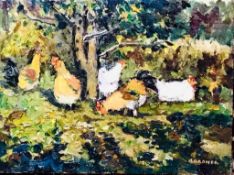 KEITH GARDNER RCA OIL ON BOARD- CHICKENS AROUND THE APPLE TREE, SIGNED, APPROXIMATELY 22.5cm x 30cm