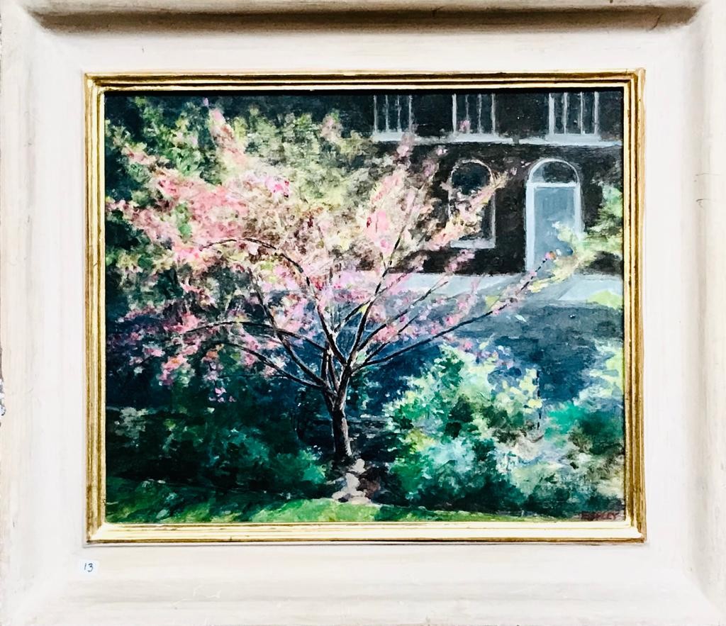 TOM EPSLEY LSC OIL ON CANVAS- SPRING IN ISLINGTON, SIGNED LOWER RIGHT, FRAMED, APPROXIMATELY 25cm