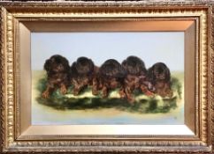 BESSIE BAMBER GILT FRAMED AND GLAZED OIL ON GLASS PANEL STUDY OF FIVE PUPPIES, APPROXIMATELY 19cm