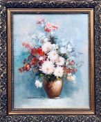 ROBERT COX OIL ON CANVAS- DAISIES AND SUMMER FLOWERS, FRAMED , APPROXIMATELY 50cm x 39cm