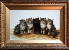 BESSIE BAMBER, GILT FRAMED AND GLAZED OIL ON GLASS PANEL STUDY OF FIVE KITTENS, APPROXIMATELY 19cm x