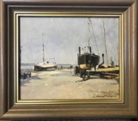 GEORGE THOMPSON OIL ON CANVAS- BOATYARD WEST KIRBY SAILING CLUB, FRAMED, APPROXIMATELY 24cm x 29cm