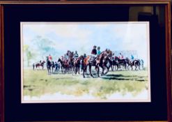 UNSIGNED OIL ON BOARD- HORSE RACING 'GATHERING AT THE START', FRAMED AND GLAZED, APPROXIMATELY