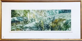 F DONALD BLAKE LSC WATERCOLOUR- FALLEN TREE, FRAMED AND GLAZED, APPROXIMATELY 18cm x 49cm