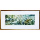 F DONALD BLAKE LSC WATERCOLOUR- FALLEN TREE, FRAMED AND GLAZED, APPROXIMATELY 18cm x 49cm