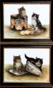 BESSIE BAMBER EBONISED FRAMED AND GLAZED PAIR OF OIL ON GLASS PANELS- KITTENS WITH BISCUIT BARREL