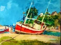 KEITH GARDNER RCA OIL ON BOARD- MANX TRAWLER AT ABERSOCH, APPROXIMATELY 30.5cm x 40.5cm