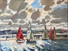 KEITH GARDNER RCA OIL ON BOARD- SAILING DINGHIES WEST KIRBY, SIGNED 1980, APPROXIMATELY 30.5cm x