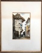 19th/20th CENTURY WATERCOLOUR- THE MARKET HALL, SIGNATURE INDISTINCT, APPROXIMATELY 26cm x 13cm