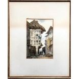 19th/20th CENTURY WATERCOLOUR- THE MARKET HALL, SIGNATURE INDISTINCT, APPROXIMATELY 26cm x 13cm