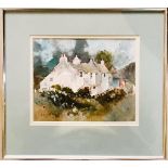 KEN POMLETT WATERCOLOUR- COTTAGES, SIGNED, FRAMED AND GLAZED, APPROXIMATELY 17cm x 21cm