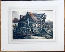 ADRIAN BURY LSC, WATERCOLOUR- RUINED HOUSE, SIGNED, FRAMED AND GLAZED, APPROXIMATELY 27cm x 38cm