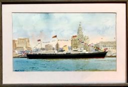 A ARGENT WATERCOLOUR- THE ROYAL YACHT BRITANNIA AT LIVERPOOL, FRAMED AND GLAZED, APPROXIMATELY