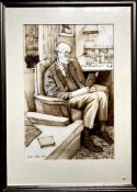 DAVID ARBUS, FRAMED INK AND WASH DRAWING DEPICTING KEN STACEY, SIGNED AND DATED BOTTOM LEFT,
