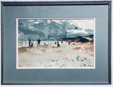 BERNARD BAY (1910-1994) WATERCOLOUR- BEACH ANGLERS, SIGNED LOWER RIGHT, APPROXIMATELY 19cm x 29cm