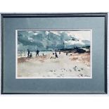 BERNARD BAY (1910-1994) WATERCOLOUR- BEACH ANGLERS, SIGNED LOWER RIGHT, APPROXIMATELY 19cm x 29cm