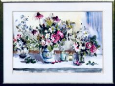 EILEEN TIERNEY WATERCOLOUR- ROSES AND SUMMER FLOWERS, FRAMED AND GLAZED, APPROXIMATELY 46cm x 63cm