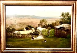 S HOLLAND JNR OIL ON CANVAS- HAYSTACKS AND CORNFIELDS, APPROXIMATELY 49cm x 75cm