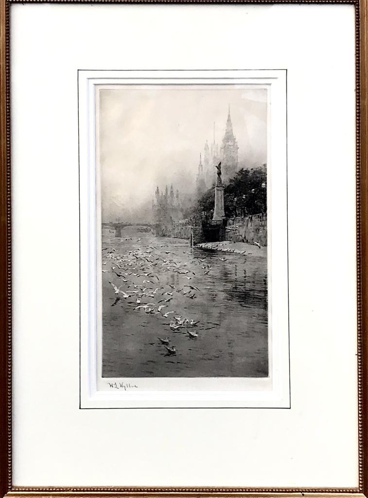 WL WYLLIE ETCHING- GULLS ON THE THAMES, SIGNED PENCIL LOWER LEFT, FRAMED AND GLAZED, APPROXIMATELY