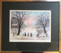 HELEN BRADLEY, FRAMED LITHOGRAPH DEPICTING PEOPLE AROUND A LAKE/POND WITH FINE ARTS WATER STAMP,