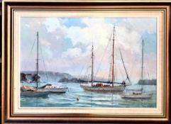 OTTO CUSTERS OIL ON CANVAS - AT ANCHOR, PROBABLY NEAR SIDNEY AUSTRALIA, APPROXIMATELY 50cm x 75cm