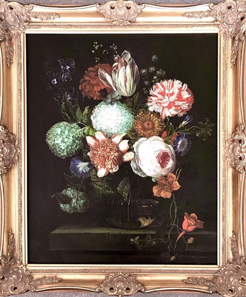 H ANTONE OIL ON PANEL- VASE OF SUMMER BLOOMS, FRAMED, APPROXIMATELY 60cm x 50cm