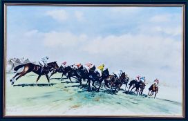 AM SCHOFIELD MIPA- RACING HORSES TO THE FINISH, SIGNED LOWER LEFT AND LABEL ON REVERSE,