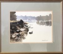 GEORGE THOMPSON WATERCOLOUR- RIVER DEE FROM OLD DEE BRIDGE CHESTER, FRAMED AND GLAZED, APPROXIMATELY