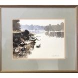 GEORGE THOMPSON WATERCOLOUR- RIVER DEE FROM OLD DEE BRIDGE CHESTER, FRAMED AND GLAZED, APPROXIMATELY