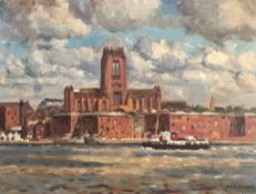 KEITH GARDNER RCA OIL ON BOARD- LIVERPOOL CATHEDRAL AND MERSEY FERRY, 2000, SIGNED, APPROXIMATELY