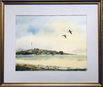 DAVID WILSON WATERCOLOUR- CURLEWS OVER HILBRE ISLAND, DEE ESTUARY, WIRRAL, SIGNED LOWER RIGHT,