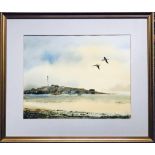 DAVID WILSON WATERCOLOUR- CURLEWS OVER HILBRE ISLAND, DEE ESTUARY, WIRRAL, SIGNED LOWER RIGHT,