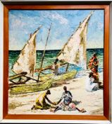 FRAMED Oil ON BOARD - FISHING BOATS IN SOUTH AFRICA, CIRCA 1960. APP. 58cm X 52cm