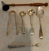 SMALL PARCEL OF VARIOUS SILVER ITEMS INCLUDING SUGAR TONGS AND CANDLE SNUFFER, ETC. USED, REASONABLE
